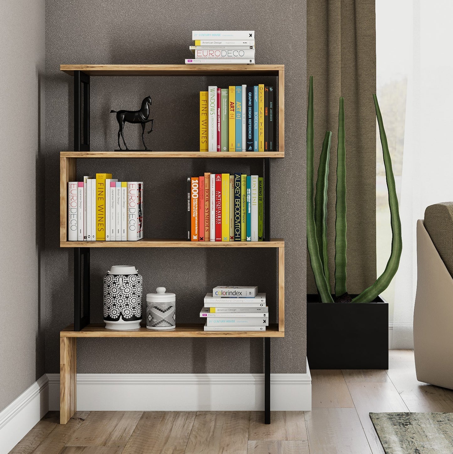 BOOKCASE IN WALNUT WITH BLACK FRAME HM8867.01 80x22x128cm.