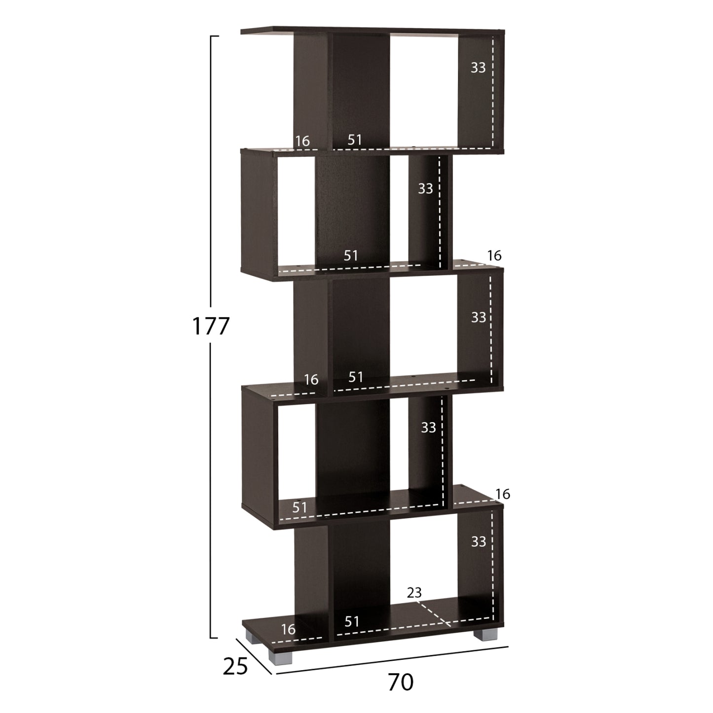 Bookcase from melamine HM2385.01 Wenge 70x25x177 cm.