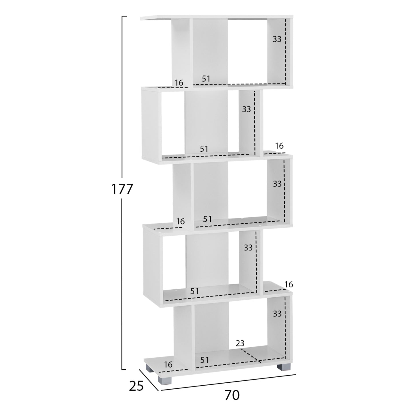 Bookcase from melamine HM2385.04 White 70x25x177 cm.