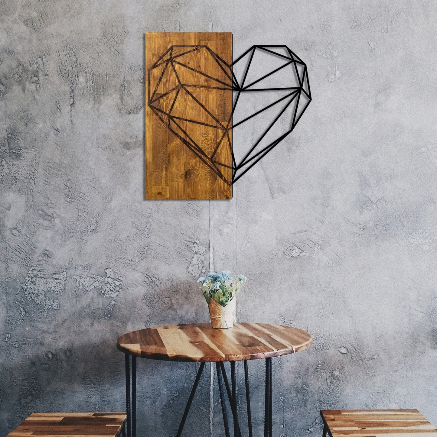 Wooden Wall Decoration with Black Metal Heart HM7219 58x58 cm.