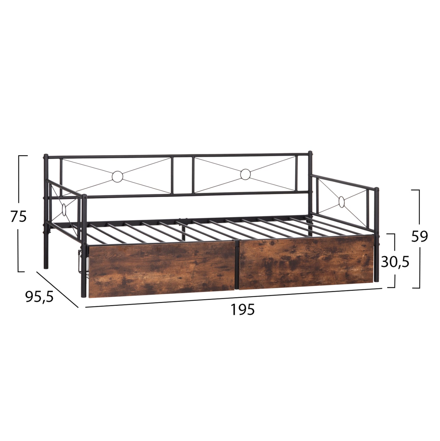 SOFA-BED BERNIE HM21120.01 METAL FRAME IN BLACK & DRAWERS- FOR MATTRESS 190x90cm.