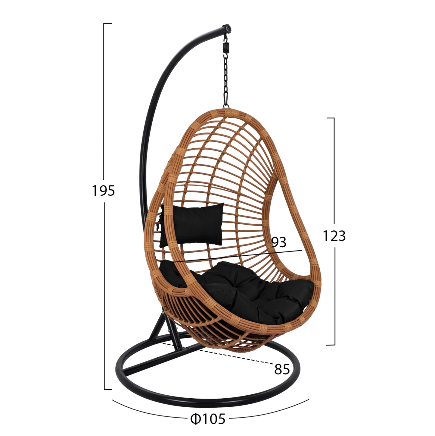 Hanging armchair nest HM5541.04 with beige wicker & black pillows Diameter 105x195cm