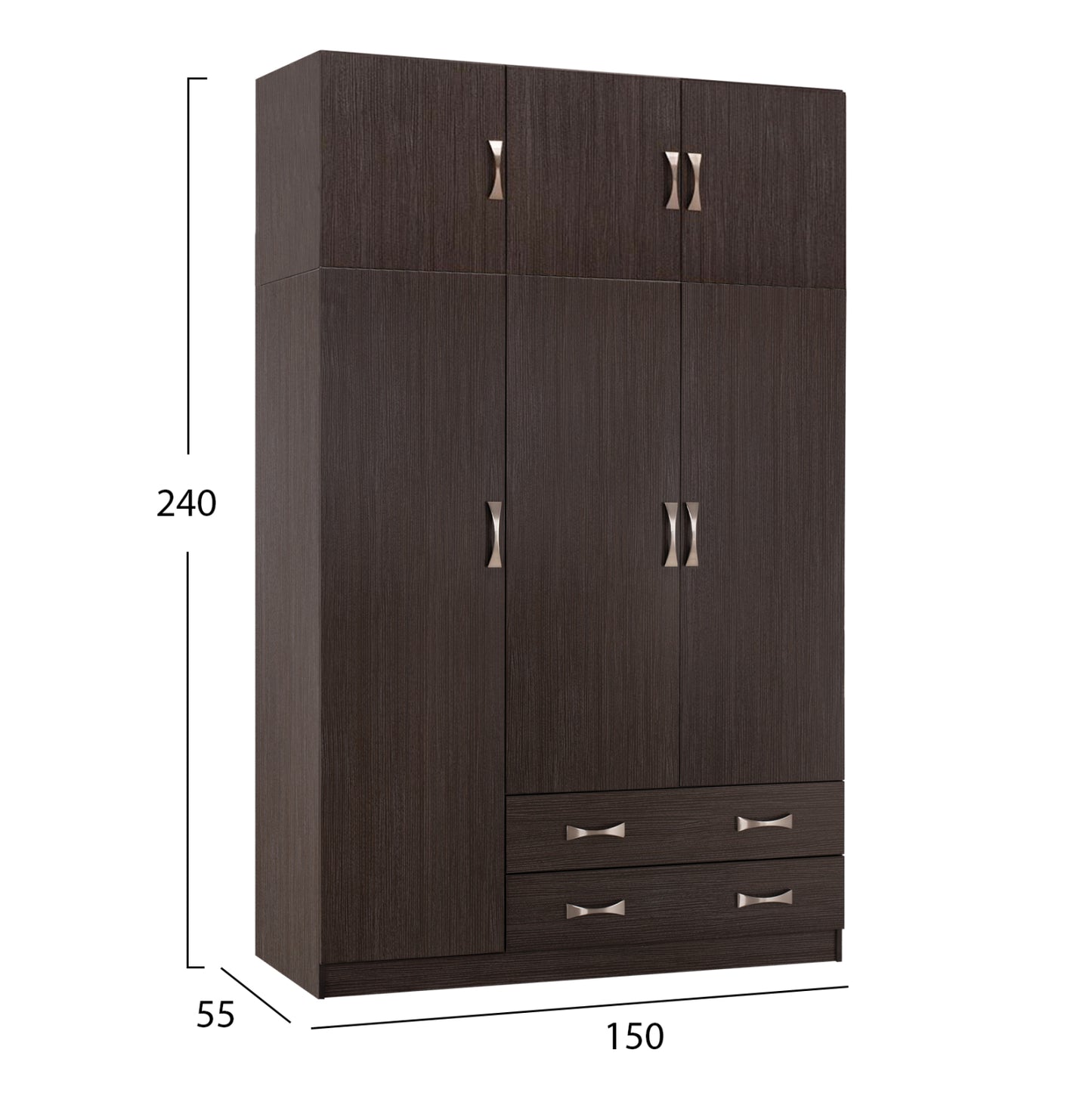 WARDROBE 3-LEAF WITH LOFT CARLY HM10891.01 MELAMINE IN ZEBRANO 150x55x240Hcm