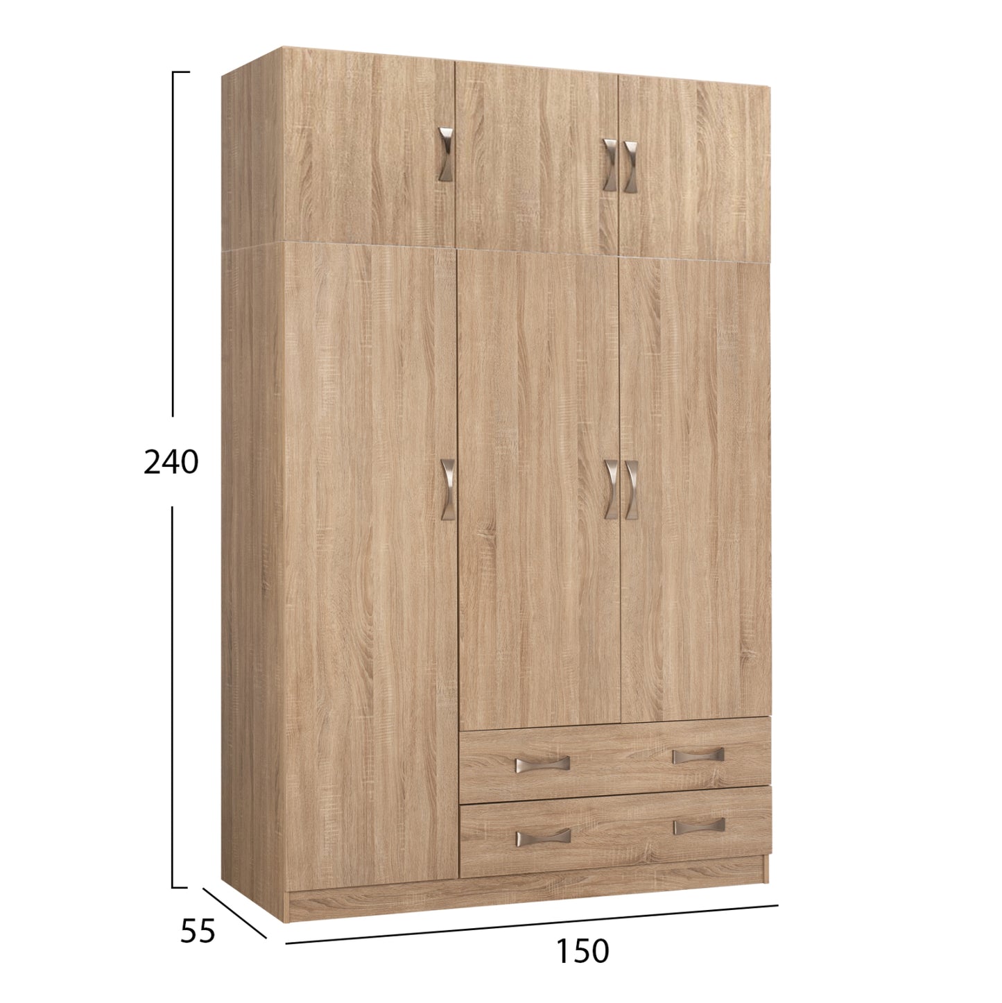 WARDROBE 3-LEAF WITH LOFT CARLY HM10891.02 MELAMINE IN SONAMA 150x55x240Hcm