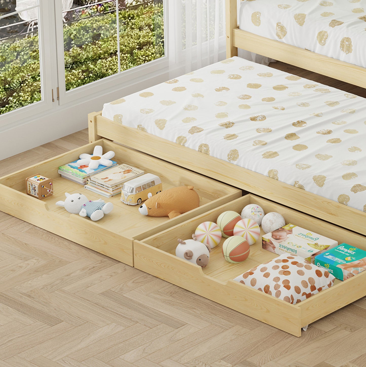 KIDS' BED WITH MATTRESSES & DRAWERS PHYLLIS HM21323.01 PINE WOOD IN NATURAL 206x97x166Hcm.