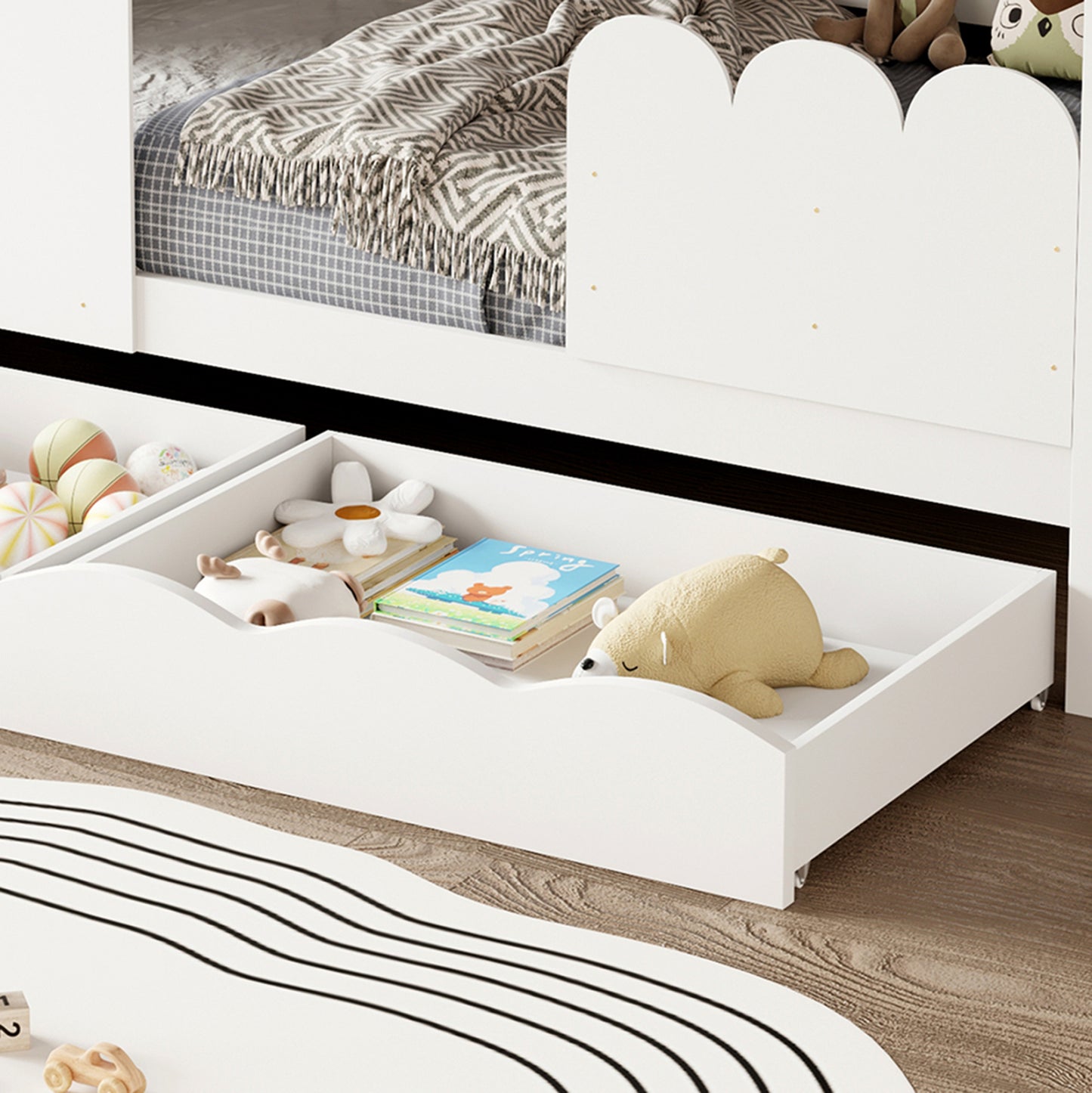 KID'S BED t.MONTESSORI WITH 2 DRAWERS DOMER HM710.03 PINE WOOD IN WHITE-MATTRESS 90x190cm.