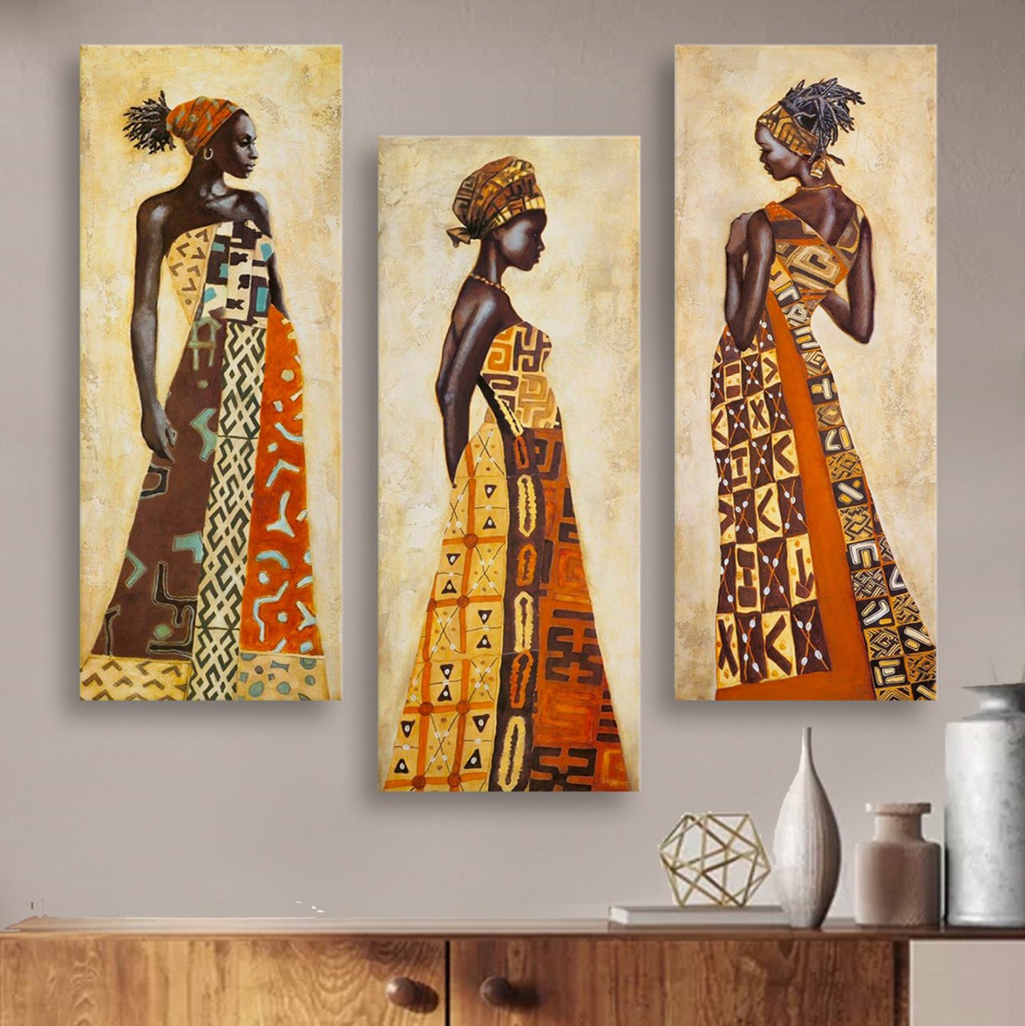 THREE PIECES CANVAS MDF AFRICAL STYLE WOMEN HM7204.03 60X0,3X50 cm.