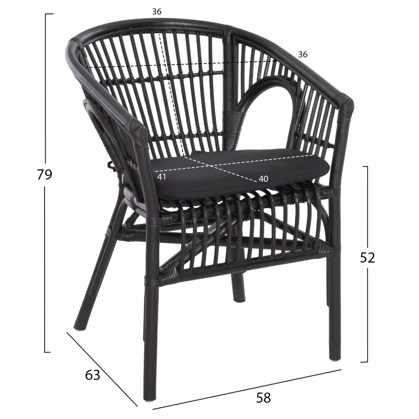 ARMCHAIR DAMPAR HM9929.03 RATTAN & CUSHION IN BLACK 58x63x79Hcm.