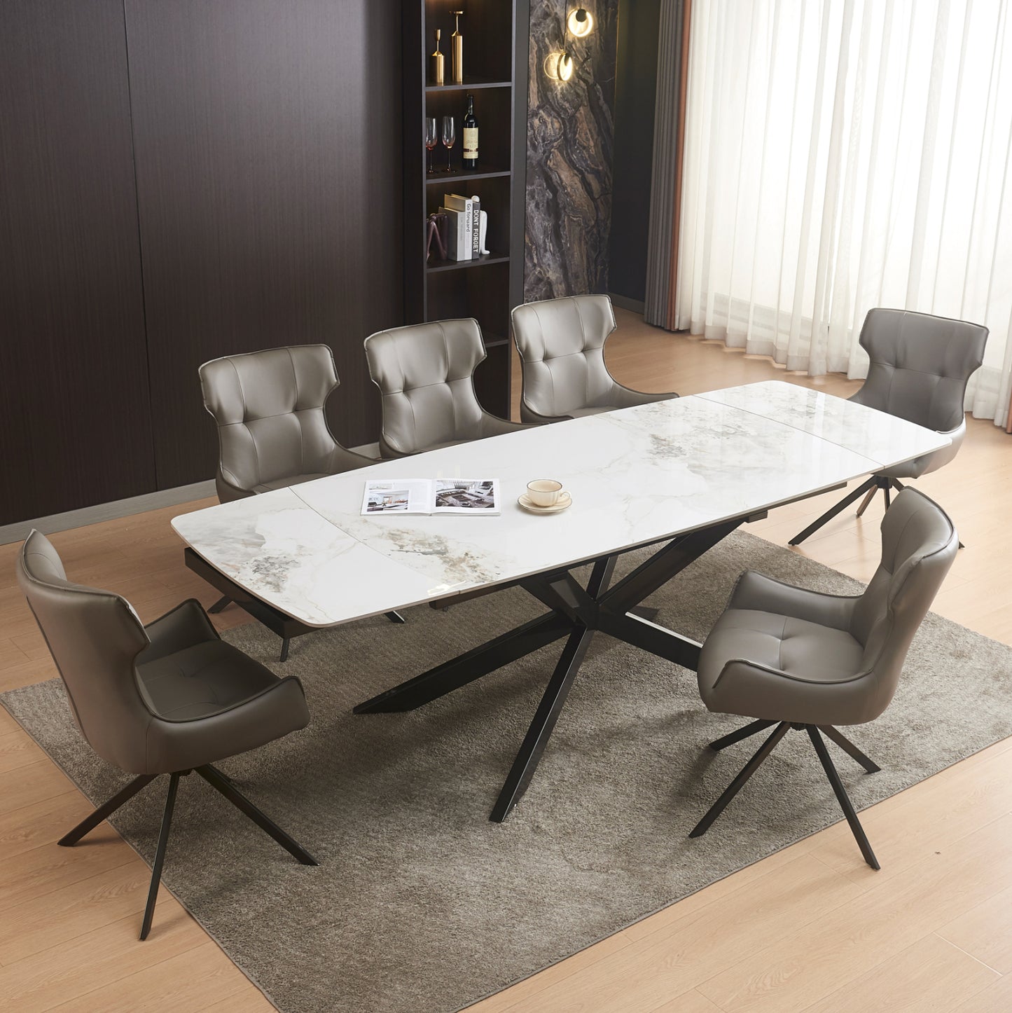 DINING SET 7PCS AIRA HM21358 EXTENDABLE CERAMIC TOP--PU IN GREY