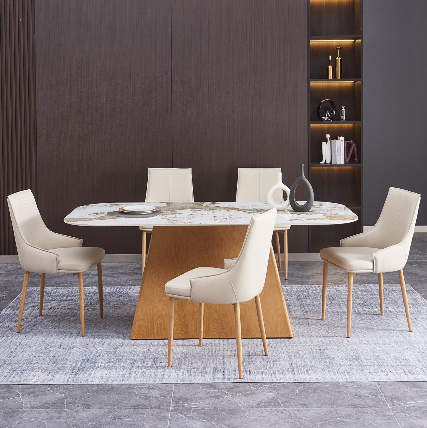 DINING SET 7PCS NORDU HM21359 CERAMIC TOP/MDF LEGS--PU IN CREAM/METAL LEGS