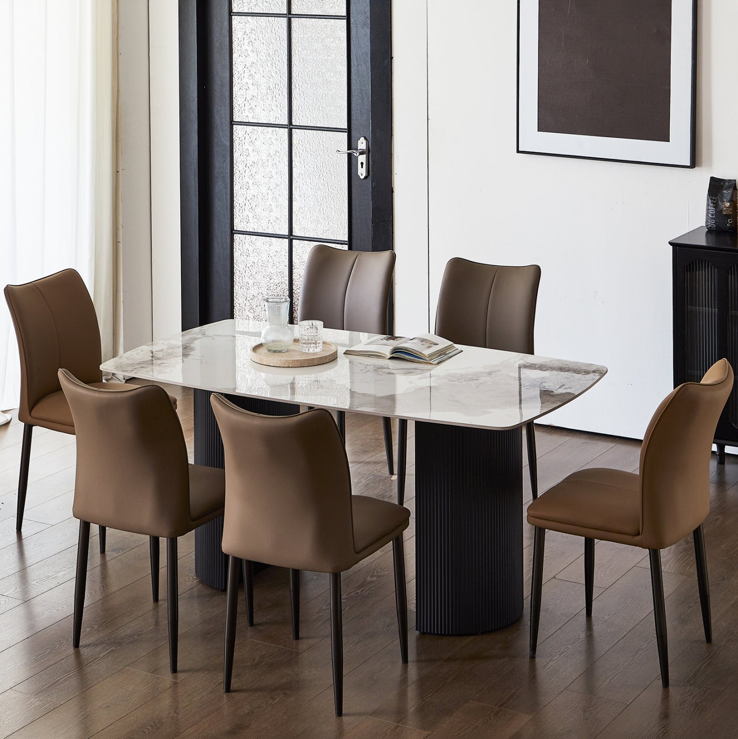 DINING SET 7PCS MINAO HM21362 CERAMIC TOP/MDF LEGS--PU IN COFFEE BROWN/METAL LEGS