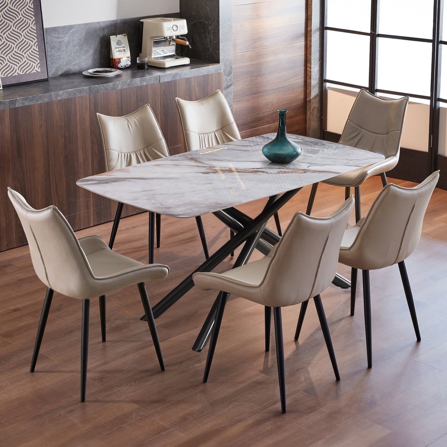 DINING SET 7PCS ISKA HM21363 CERAMIC TOP/METAL LEGS--PU IN BEIGE (TORTORA)/METAL LEGS