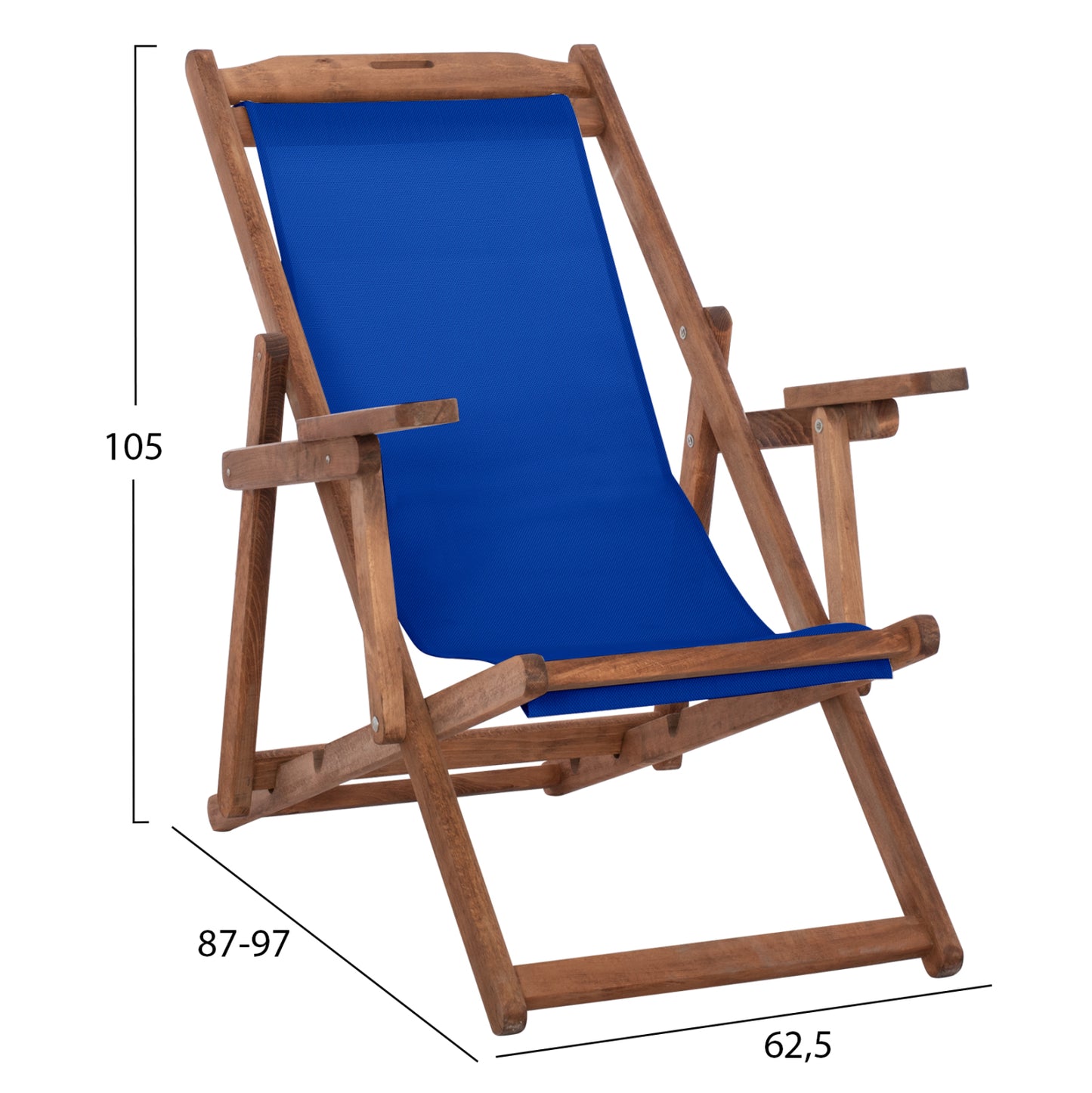 BEACH CHAIR WITH ARMS & BLUE TEXTILENE LIMNOS HM11708.01T BEECH WOOD IN WALNUT 62.5x97x105Hcm.