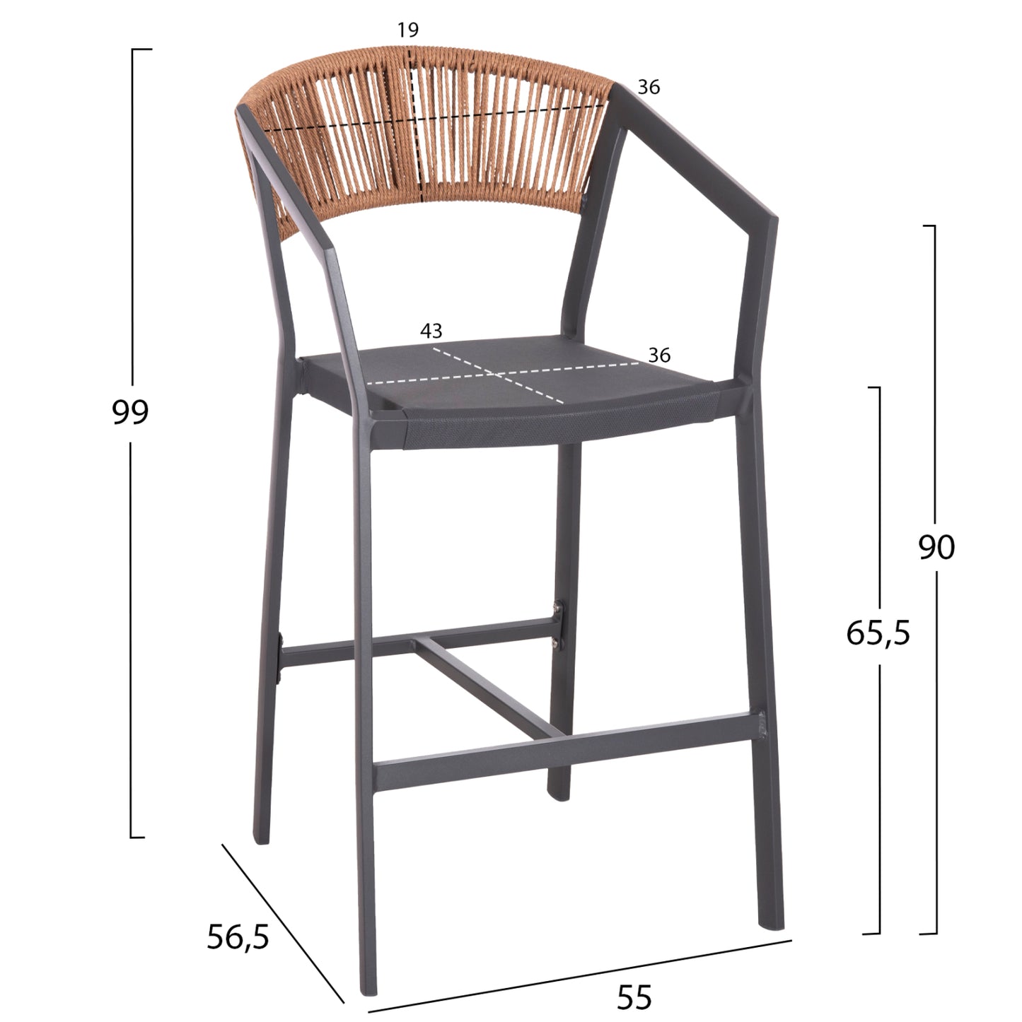BAR STOOL ALUMINUM ANTHRACITE HM5892.11 MEDIUM HEIGHT WITH ARMS-RATTAN&TEXTLINE 55x56.5x99Hcm.