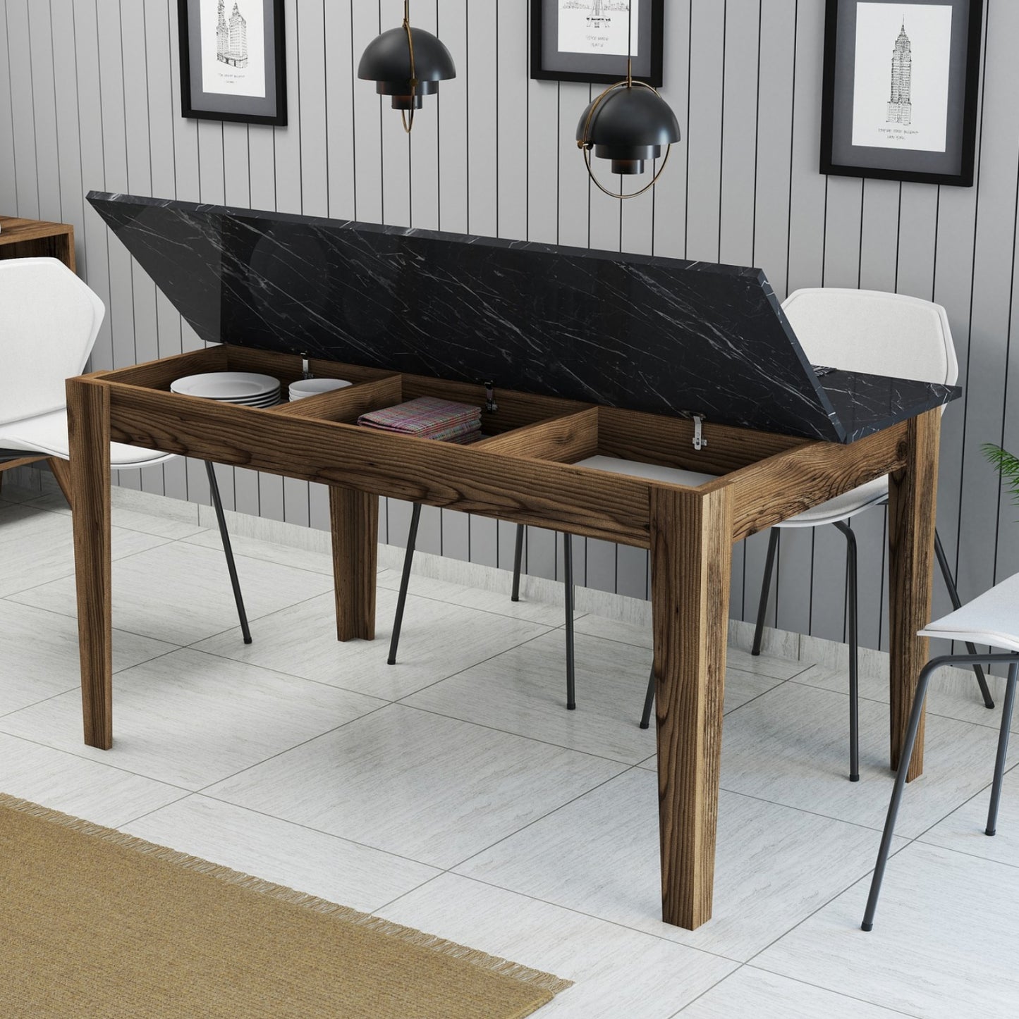 DINING TABLE STANDARD HM9507.05 MELAMINE WALNUT-BLACK MARBLE-LOOK WITH STORAGE SPACE 145x88x75Hcm.