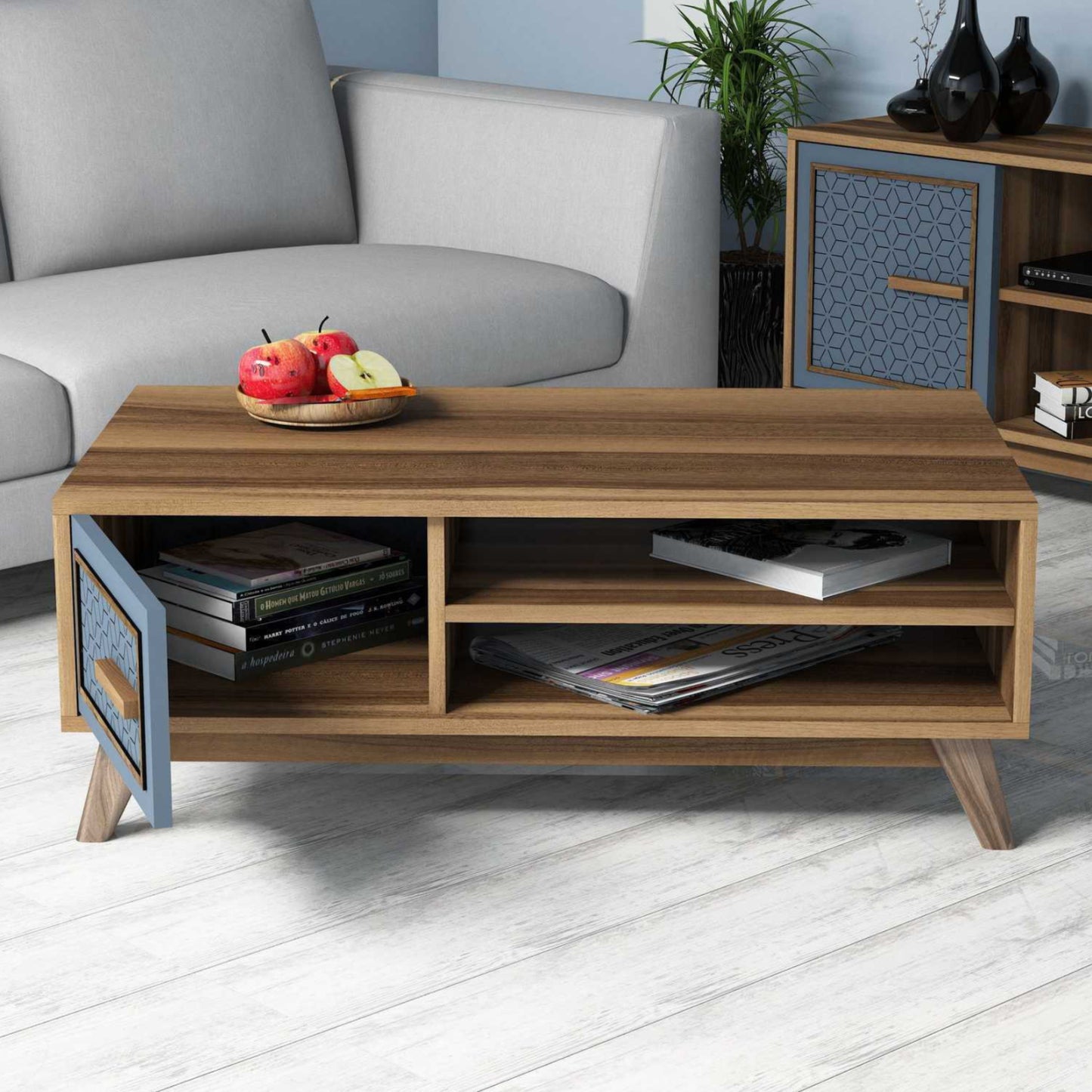 COFFEE TABLE MELAMINE IN WALNUT COLOR WITH BLUE CABINET DOOR HM9497.02 105x60x38,2Hcm.