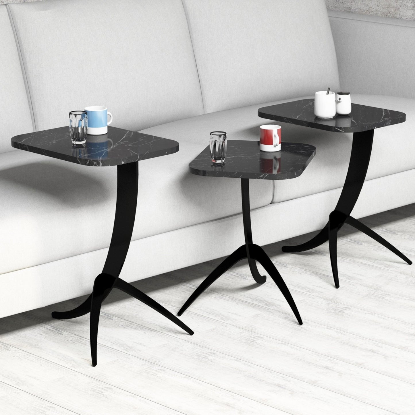 SIDE TABLES 3PCS HM9508.02 MELAMINE BLACK MARBLE LOOK-BLACK METAL LEGS 35x45x60Hcm.
