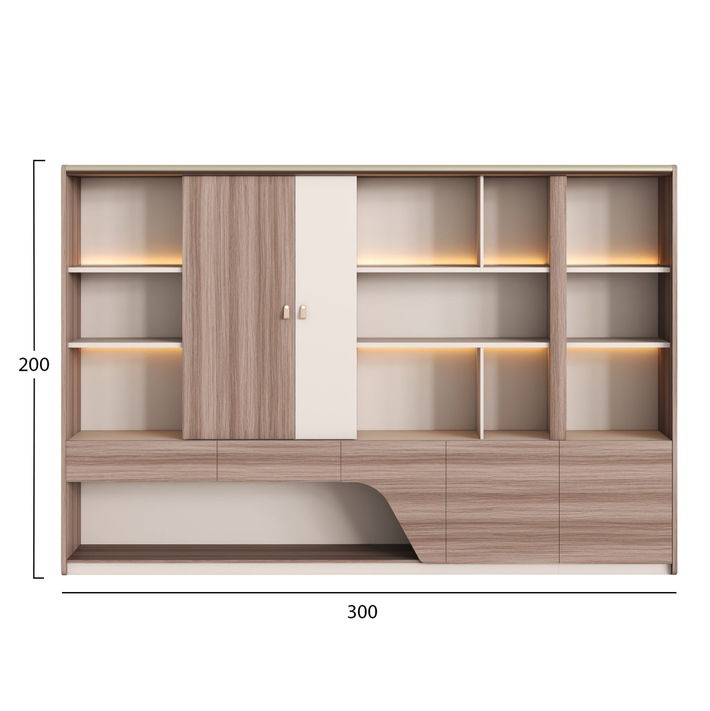 BOOKCASE SUPERON HM2141 MELAMINE IN BEIGE & NATURAL WOOD--LED LIGHTING 300x40x200Hcm.
