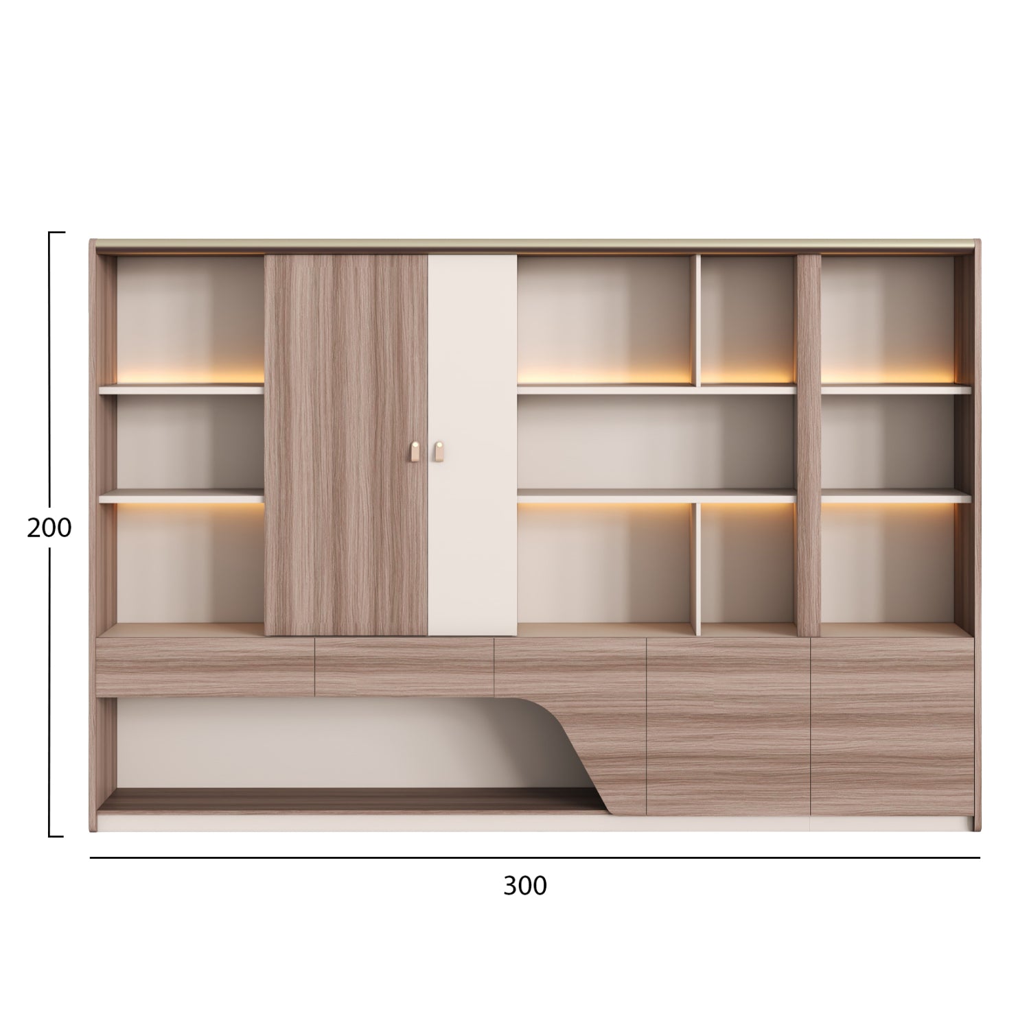 BOOKCASE SUPERON HM2141 MELAMINE IN BEIGE & NATURAL WOOD--LED LIGHTING 300x40x200Hcm.