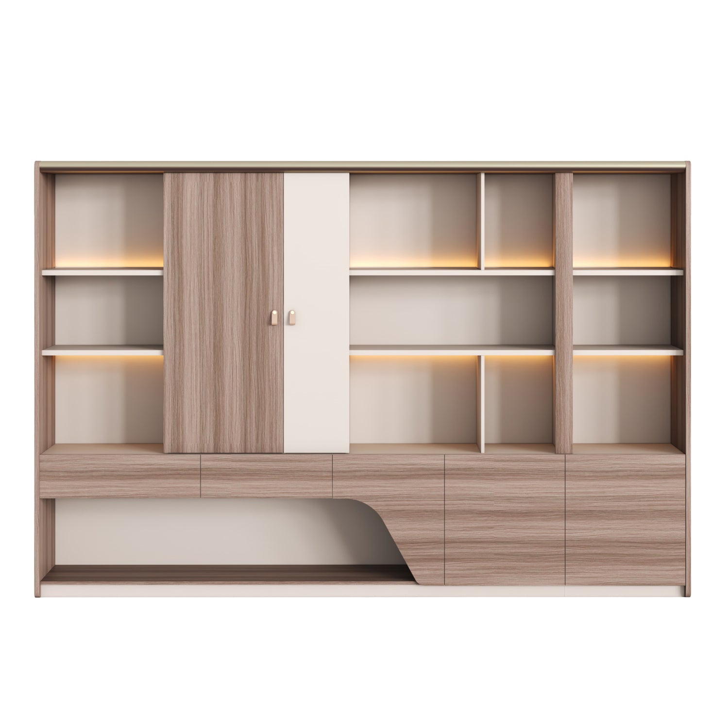 BOOKCASE SUPERON HM2141 MELAMINE IN BEIGE & NATURAL WOOD--LED LIGHTING 300x40x200Hcm.