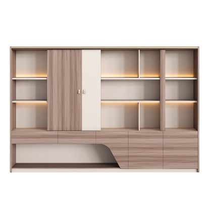BOOKCASE SUPERON HM2141 MELAMINE IN BEIGE & NATURAL WOOD--LED LIGHTING 300x40x200Hcm.