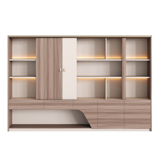 BOOKCASE SUPERON HM2141 MELAMINE IN BEIGE & NATURAL WOOD--LED LIGHTING 300x40x200Hcm.