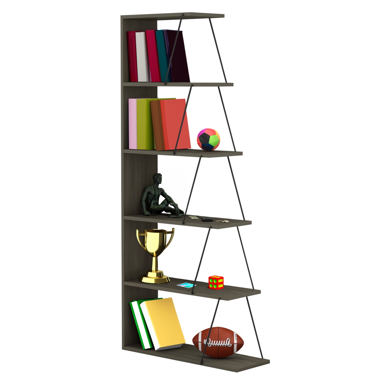 BOOKCASE MINI TARS HM2241.13 OLIVE GREY MELAMINE-BLACK METAL RODS 65x22-24x146Hcm.