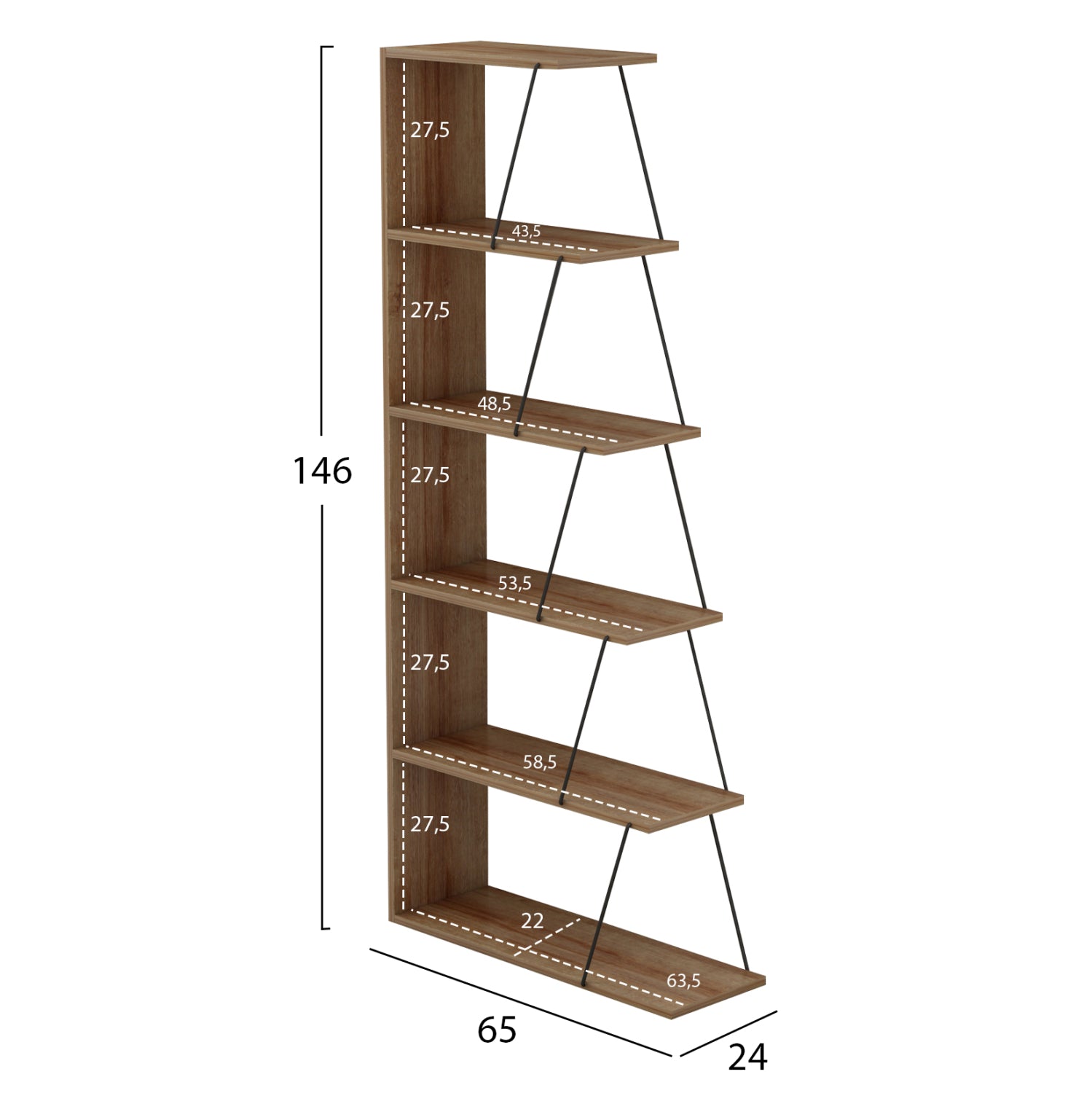 BOOKCASE MINI TARS HM2241.14 NATURAL OAK MELAMINE-BLACK METAL RODS 65x22-24x146Hcm.