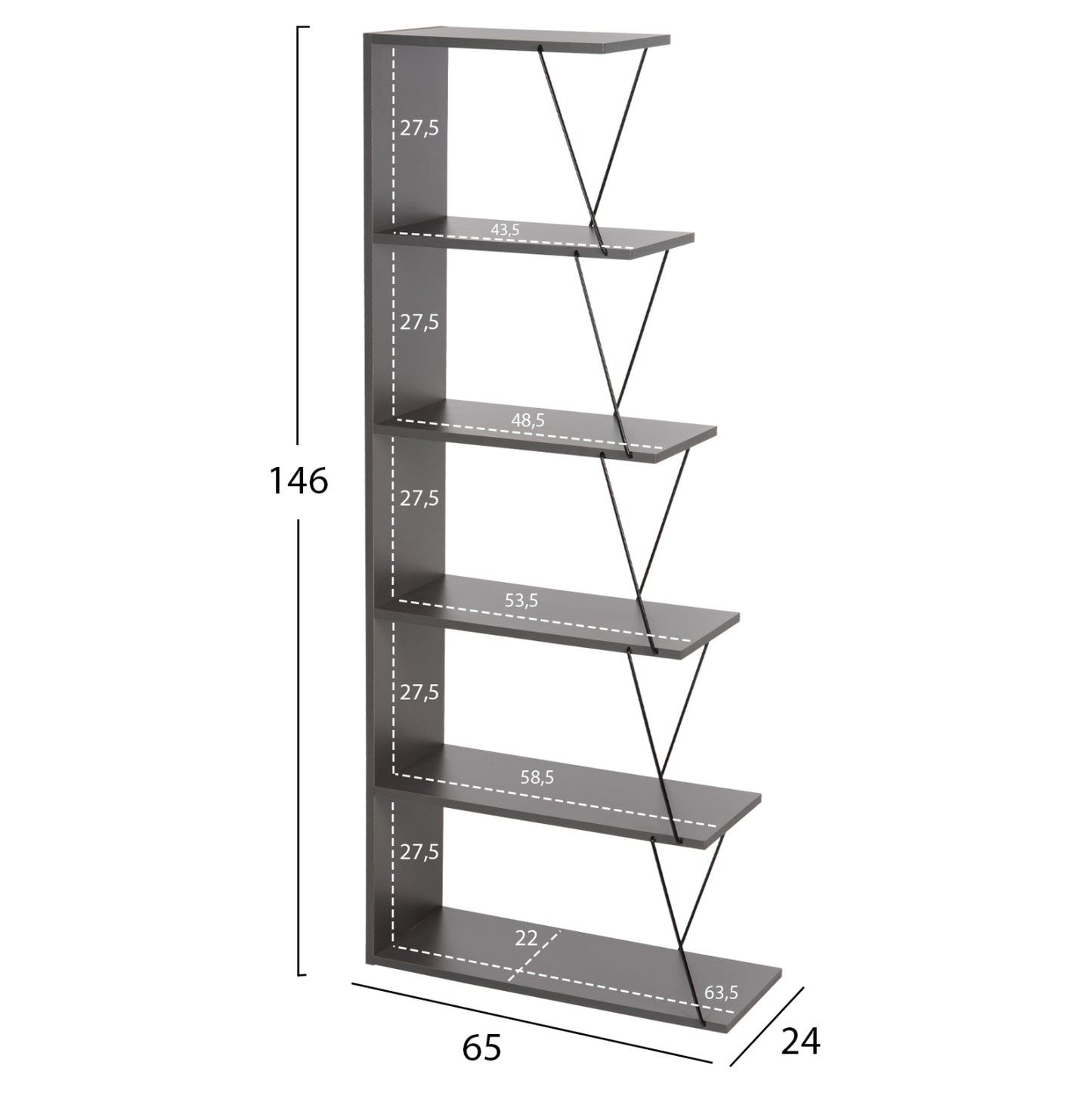 BOOKCASE MINI TARS HM2241.20 GREY MELAMINE-BLACK METAL RODS 65x22-24x146Hcm.