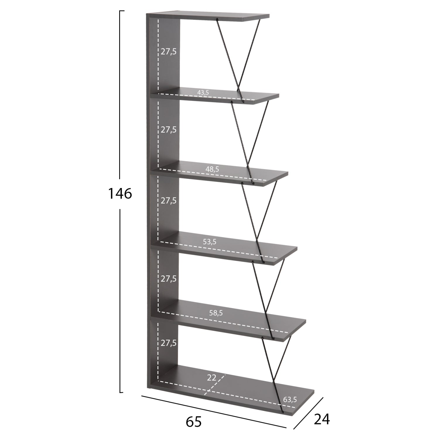 BOOKCASE MINI TARS HM2241.20 GREY MELAMINE-BLACK METAL RODS 65x22-24x146Hcm.