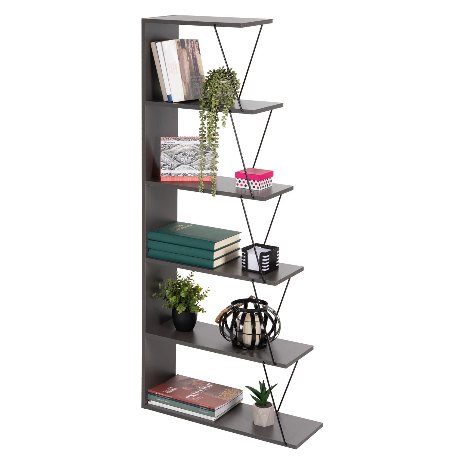 BOOKCASE MINI TARS HM2241.20 GREY MELAMINE-BLACK METAL RODS 65x22-24x146Hcm.