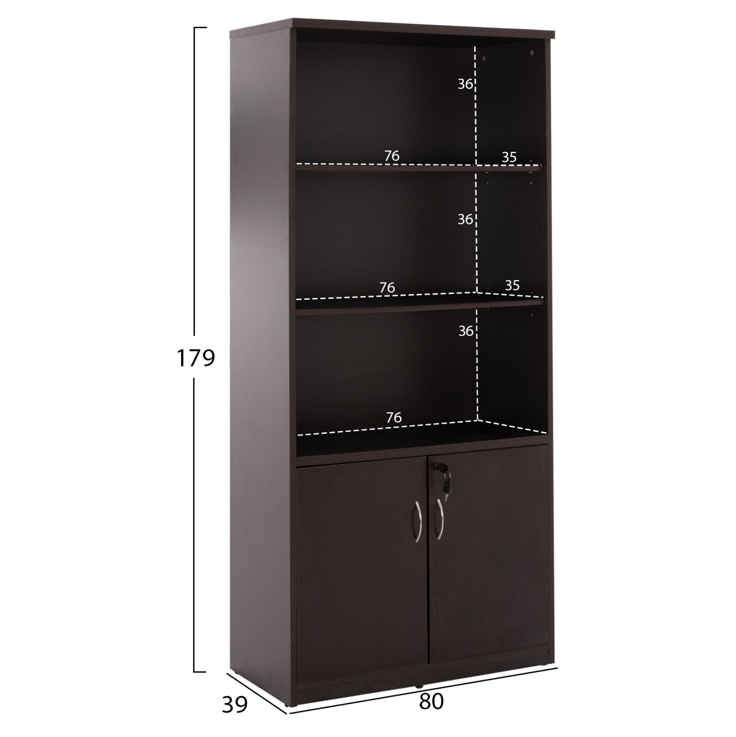 Professional office bookcase HM2014.02 wenge color with 2 doors 80Χ39Χ179