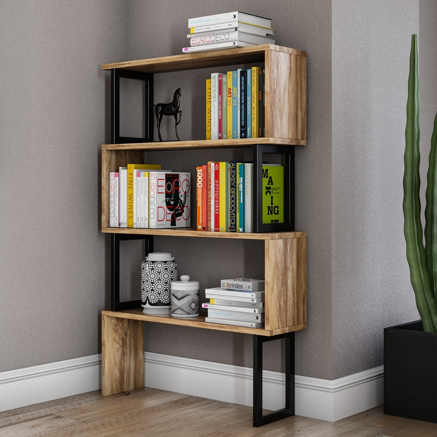 BOOKCASE IN WALNUT WITH BLACK FRAME HM8867.01 80x22x128cm.