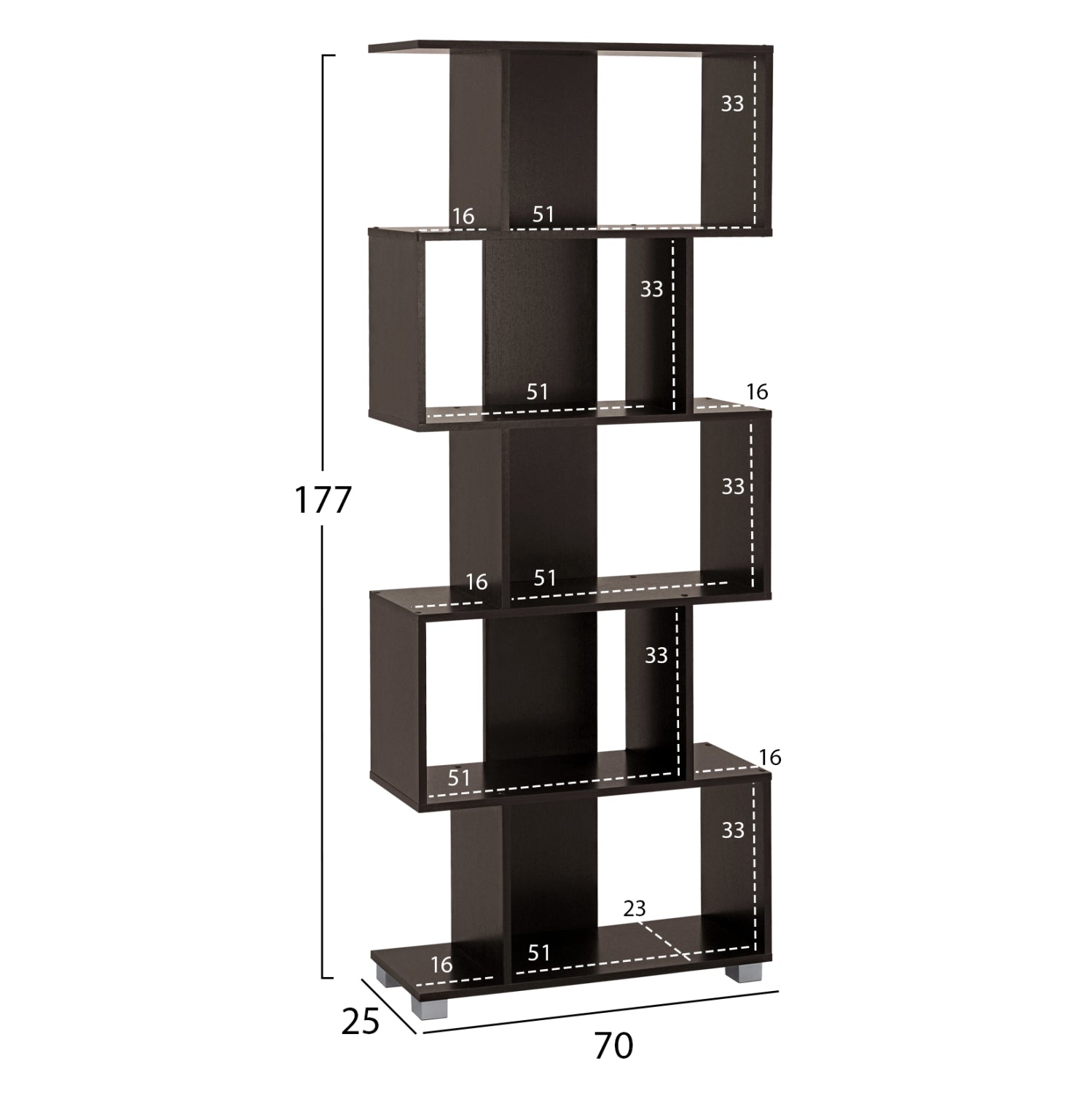 Bookcase from melamine HM2385.01 Wenge 70x25x177 cm.