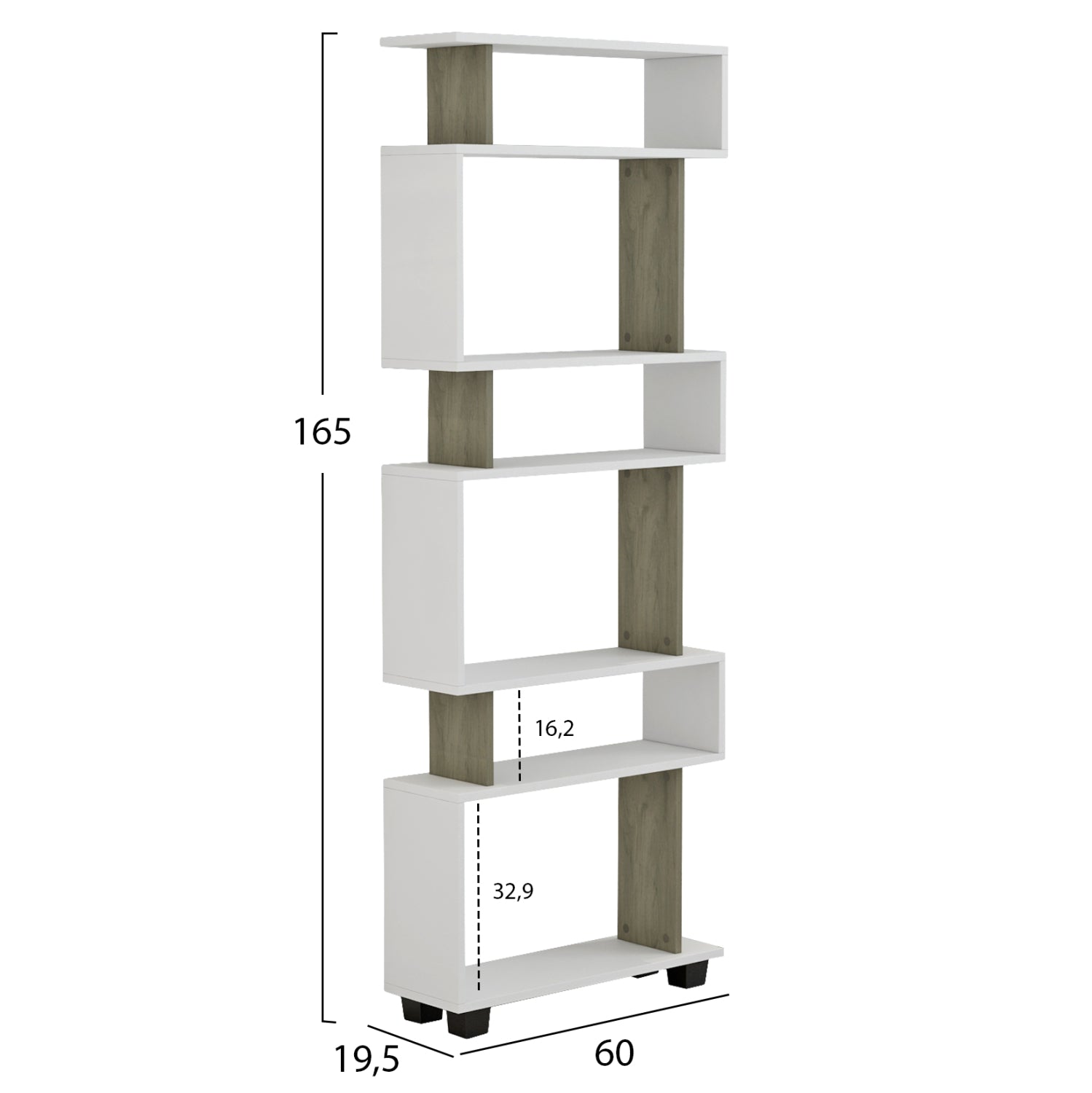 BOOKCASE OWL MELAMINE IN OLIVE GREY WHITE 60x19,5x165Hcm.HM8923.11