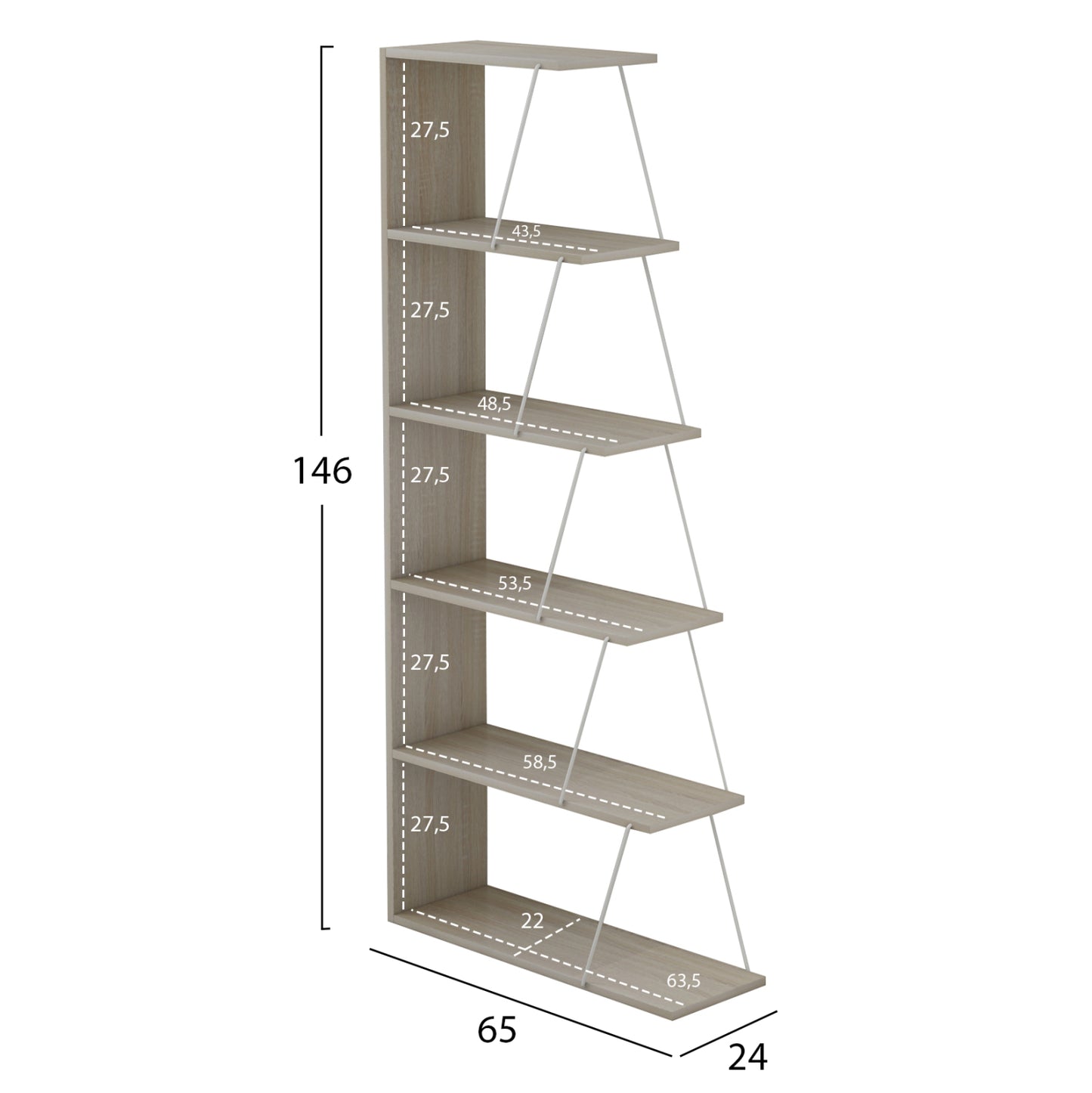BOOKCASE MINI TARS HM2241.11 SONOMA MELAMINE-WHITE METAL RODS 65x22-24x146Hcm.