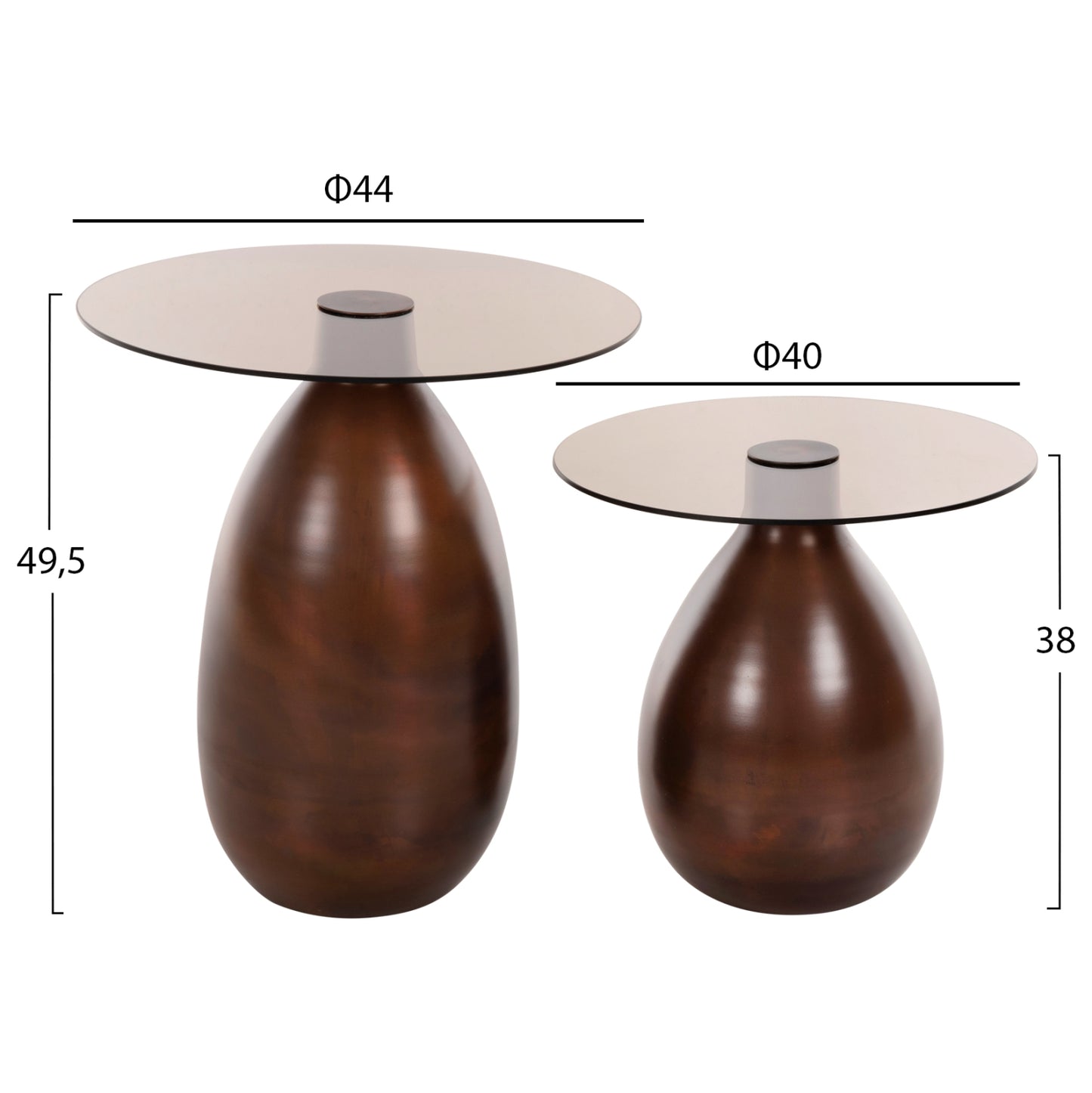 SIDE TABLES 2PCS REGEN HM9666 METAL IN COPPER-GLASS TOP Φ44 & Φ40 cm.