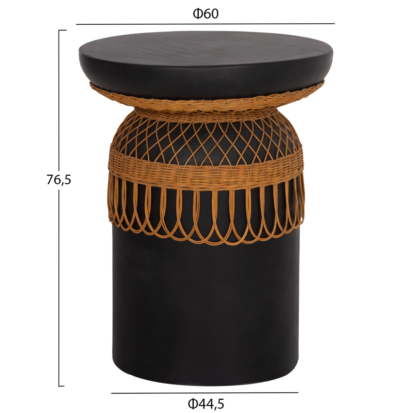 SIDE TABLE ROUND PRILEP HM18159.01 FIBER CEMENT IN BLACK & RATTAN--Φ60x76.5Hcm.