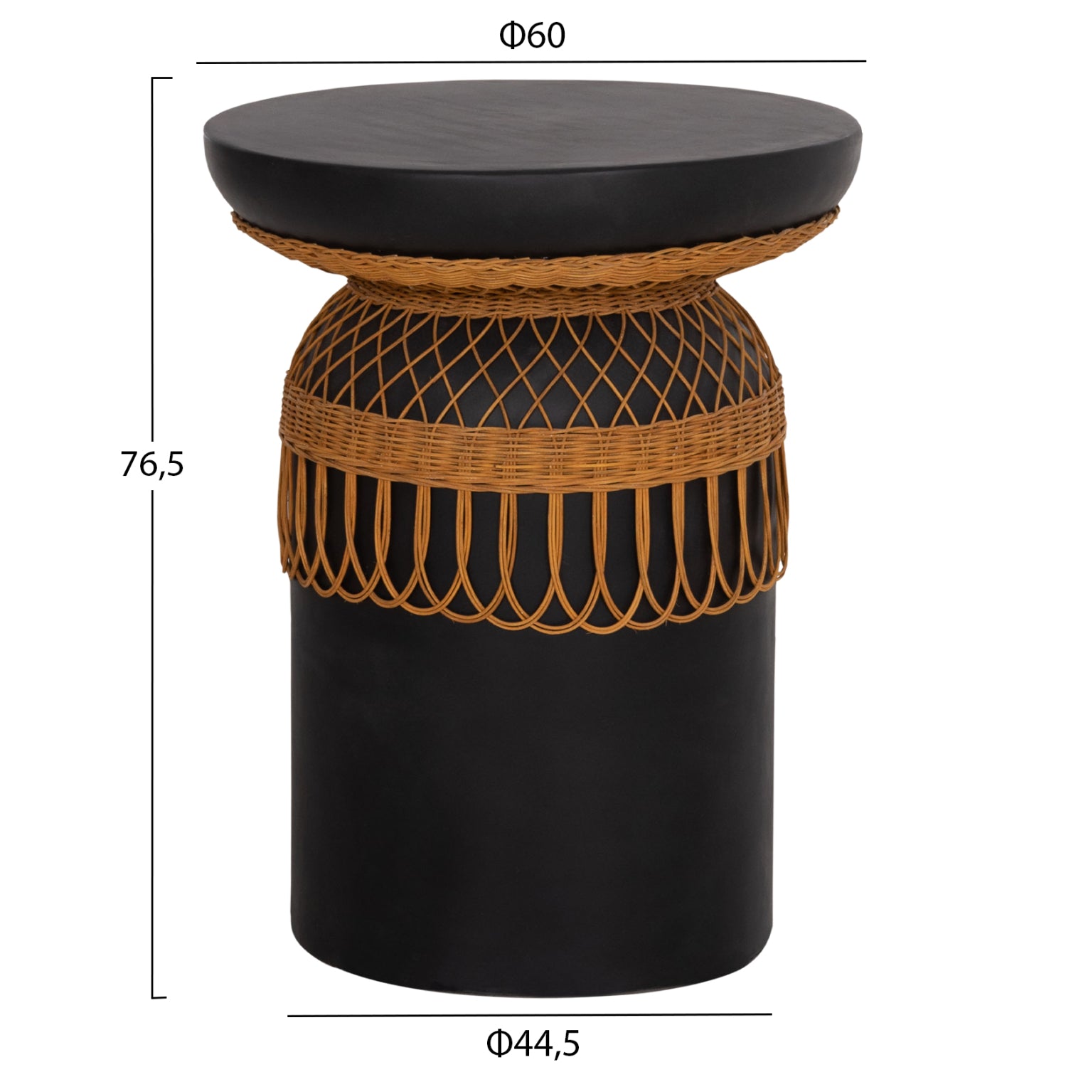 SIDE TABLE ROUND PRILEP HM18159.01 FIBER CEMENT IN BLACK & RATTAN--Φ60x76.5Hcm.