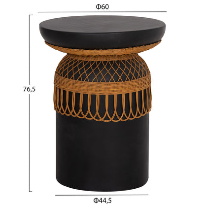 SIDE TABLE ROUND PRILEP HM18159.01 FIBER CEMENT IN BLACK & RATTAN--Φ60x76.5Hcm.