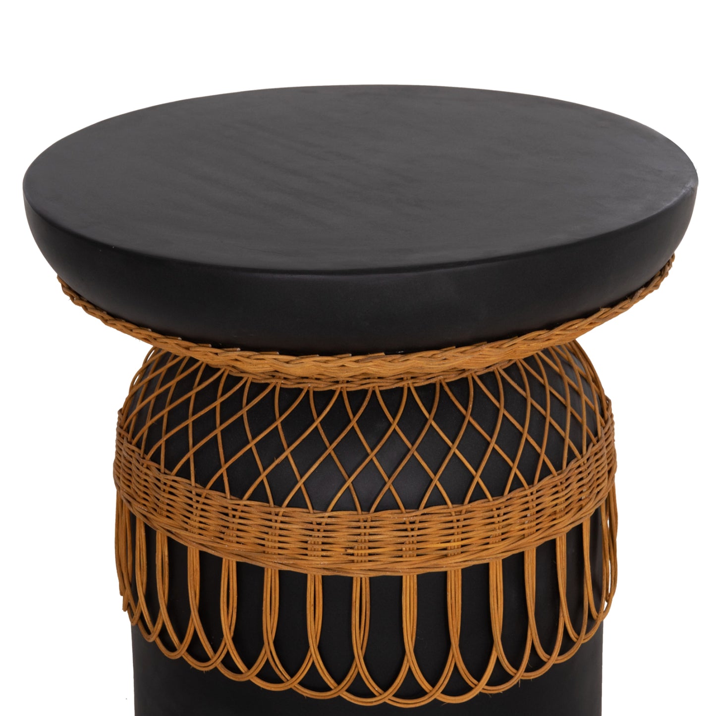 SIDE TABLE ROUND PRILEP HM18159.01 FIBER CEMENT IN BLACK & RATTAN--Φ60x76.5Hcm.
