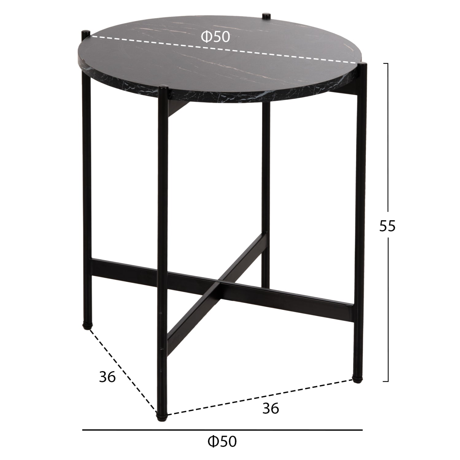 SIDE TABLE HM9589.01 MDF BLACK MARBLE-BLACK METAL BASE Φ50x55Hcm.