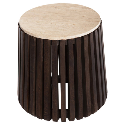 SIDE TABLE KREST HM9711 ACACIA WOOD IN LIGHT BROWN-WHITE TRAVERTINE Φ50x50Hcm.