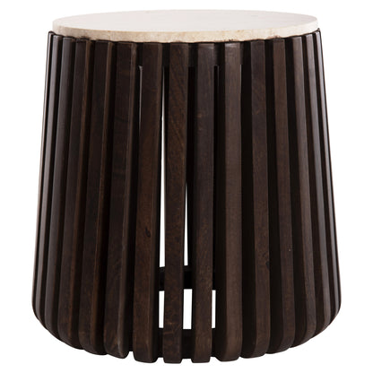 SIDE TABLE KREST HM9711 ACACIA WOOD IN LIGHT BROWN-WHITE TRAVERTINE Φ50x50Hcm.
