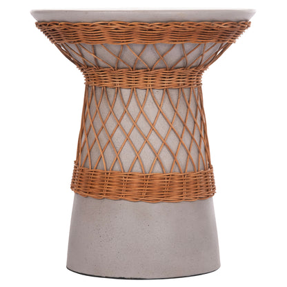 SIDE TABLE ROUND DELIA HM18167.03 FIBER CEMENT GREY & RATTAN Φ40x45Hcm.