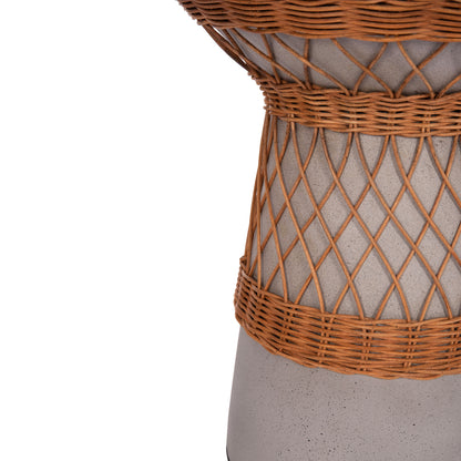 SIDE TABLE ROUND DELIA HM18167.03 FIBER CEMENT GREY & RATTAN Φ40x45Hcm.