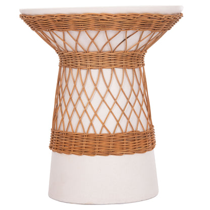 SIDE TABLE ROUND DELIA HM18167.02 FIBER CEMENT WHITE & RATTAN Φ40x45Hcm.