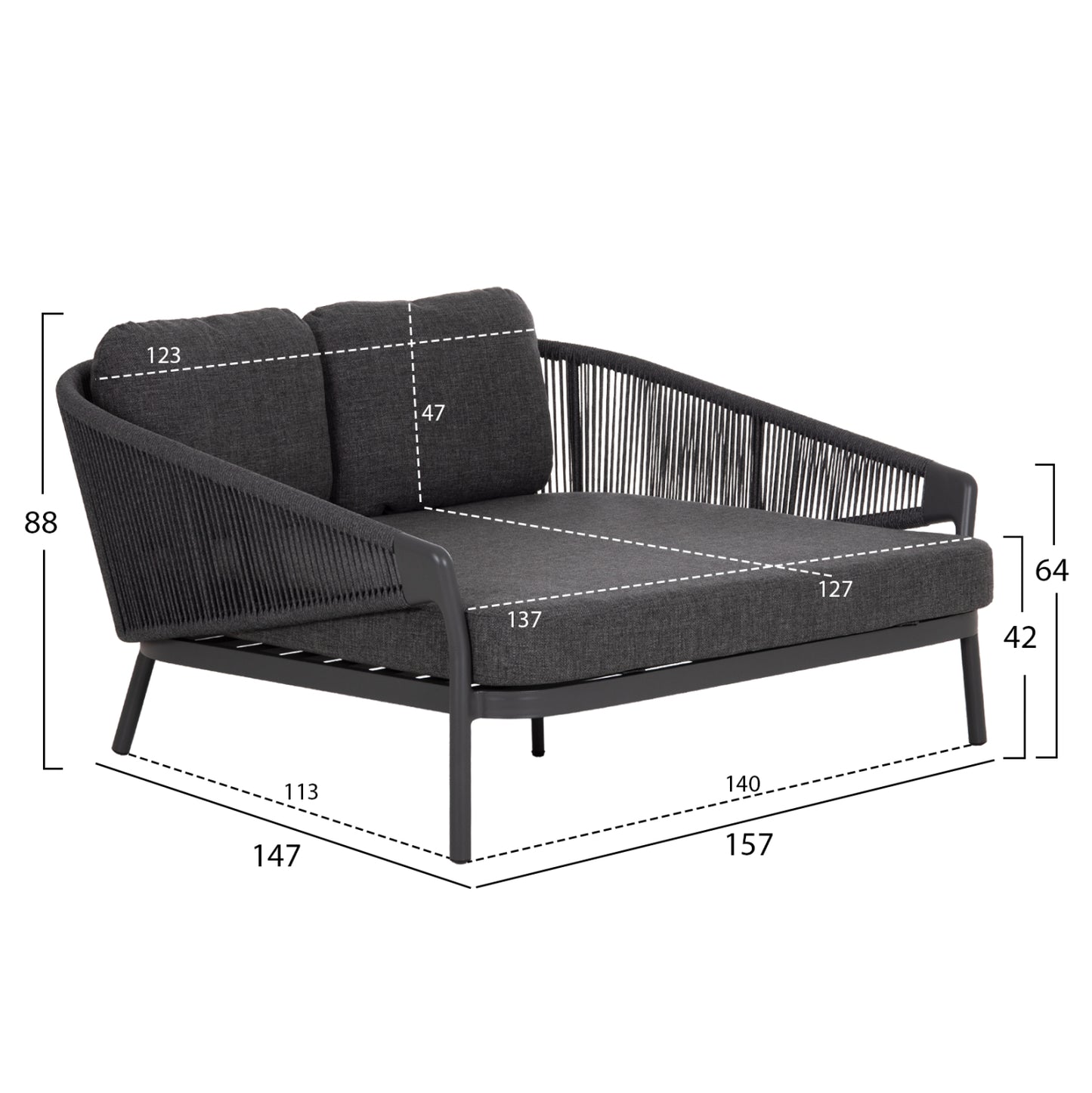 DAYBED SERIES XANTION HM6474.01 DARK GREY ALUMINUM-ROPE-OLEFIN FABRIC 157x147x88Hcm.