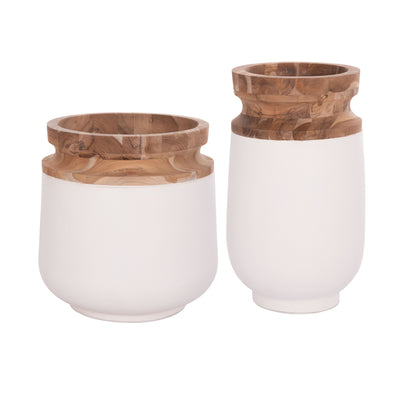 DECORATIVE FLOOR VASES 2PCS LINTER HM21140.02 FIBER CEMENT IN WHITE-TEAK WOOD 47H & 60Hcm.