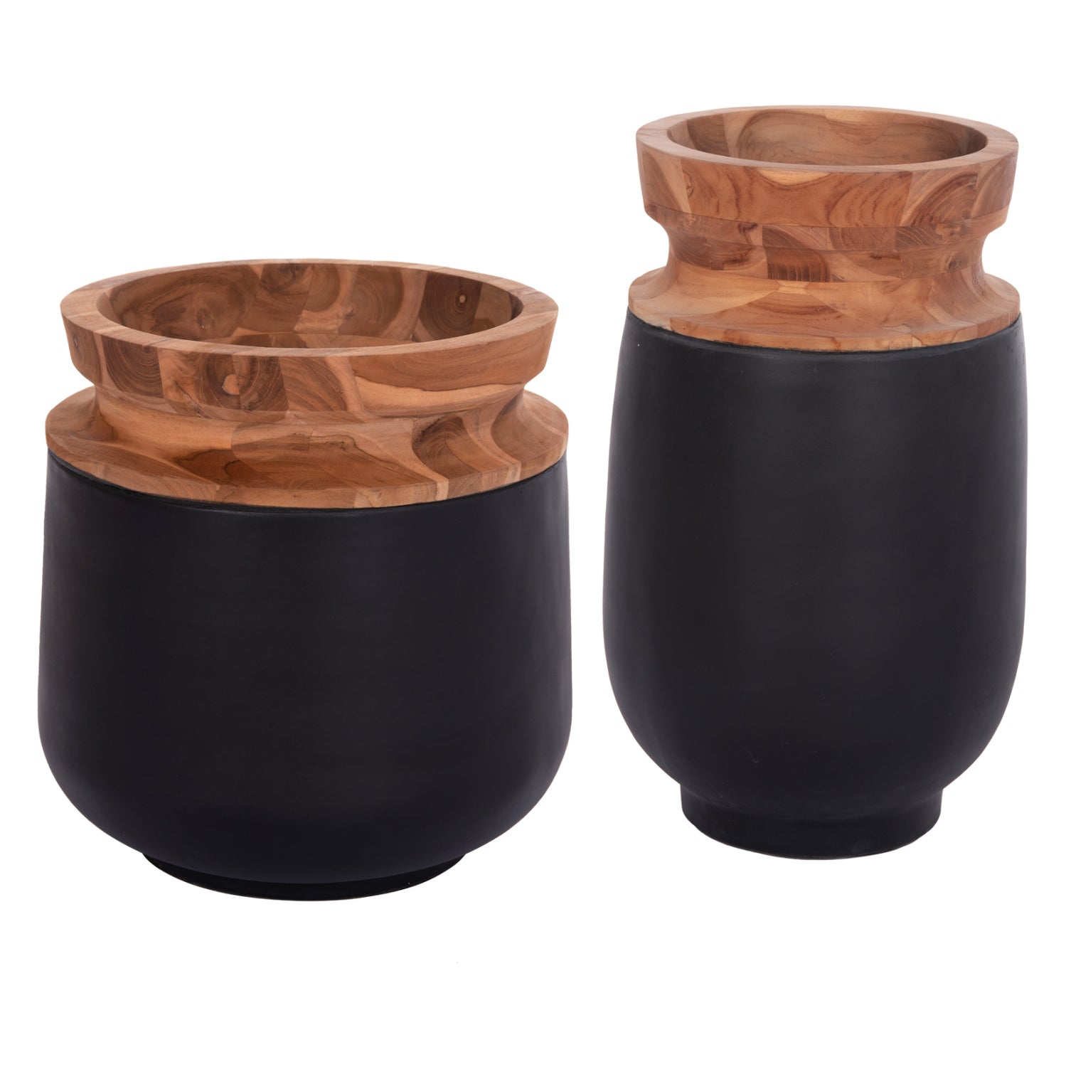 DECORATIVE FLOOR VASES 2PCS LINTER HM21140.01 FIBER CEMENT IN BLACK-TEAK WOOD 47H & 60Hcm.